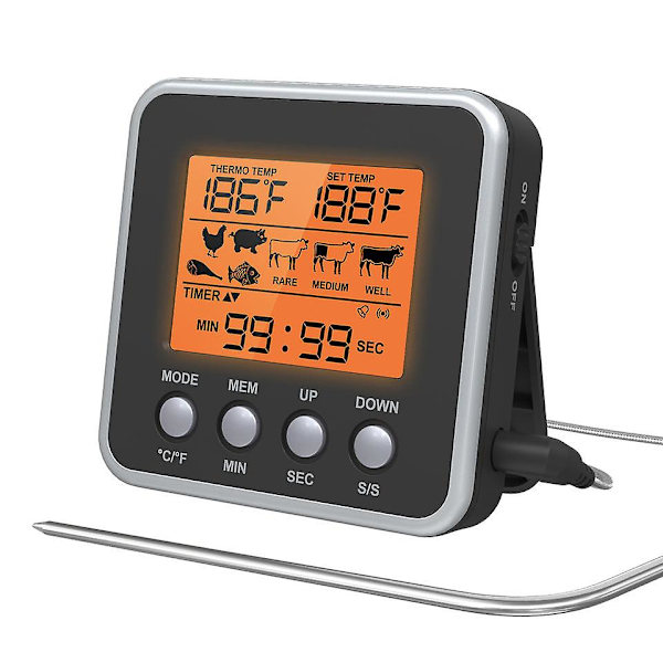 LCD Digital Matlagning Mat Kött Rökugn Ugn Kök Bbq Grill Termometer Klocka Timer Med Rostfritt Stål Sond