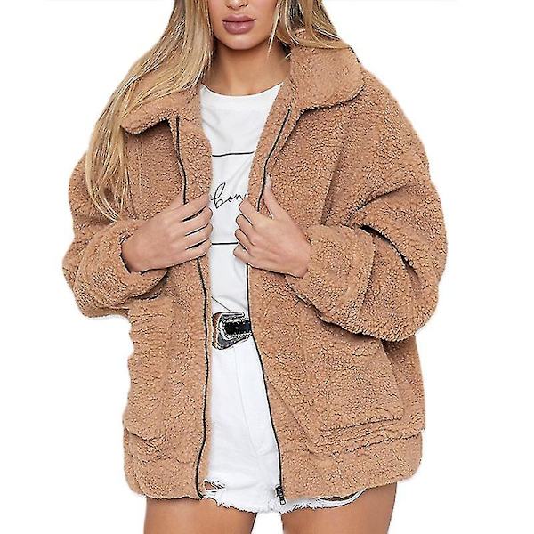 Dame Bjørn Fleece Jakke Frakke Lynlås Overtøj Khaki XL