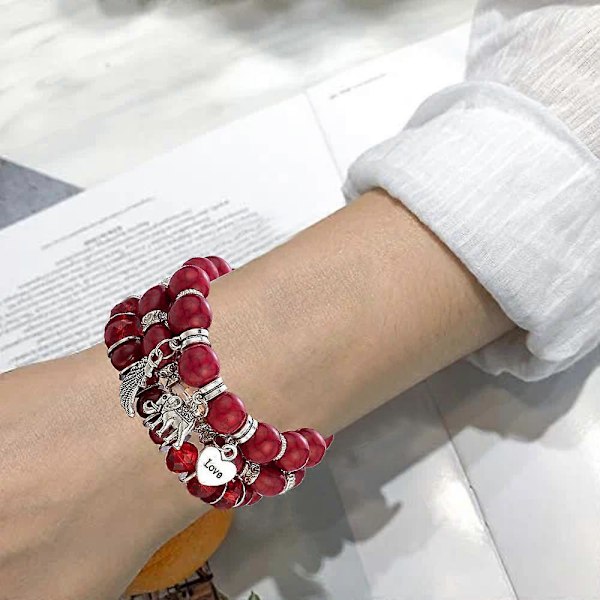 Enkel Bohemisk Pärl-Elefantvingar LOVE Mönster Boll Armband Red