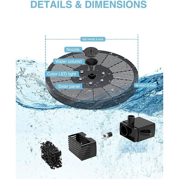 Solcellsdriven Fontänpump, 3W Cirkelformad Solvattenfunktion med 8 Olika Munstycken och Färgglada LED-lampor, Solvattenfontän