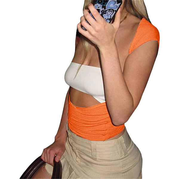 Dame Sexet Top med Udskæring i Ryggen Kortærmet T-shirt Y2k Mode Skjorter Orange M