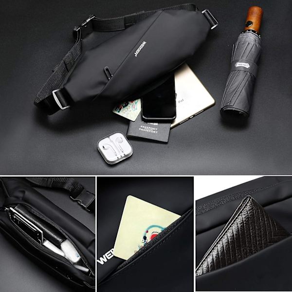 Ultralätt bröstväska Herr Business Large För resor Vandring Cykling Jogging Vattentät Svart, Storlek 36x5x15cm