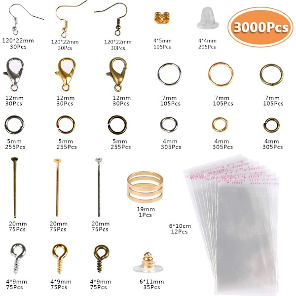 3000 delar DIY smycken och accessoarer gör-det-själv-kit i brons, silver och guld, med tänger och pincett, för örhängen, armband