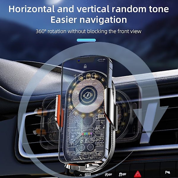 Billadapter för trådlös laddning i bilen, telefonhållare med intelligent induktionsklämma, kreativt transparent telefonfäste Grey