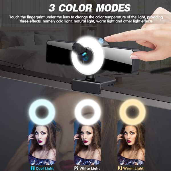 4K Webcam med mikrofon, Full HD Facecam Live Streaming Webcams med ringlys, stativ, USB-kamera til PC, videochatoptagelse