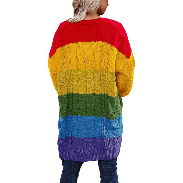 Casual långärmad kofta för kvinnor Mjuk tjock stickad tröja Regnbågsfärgad kofta med ficka L