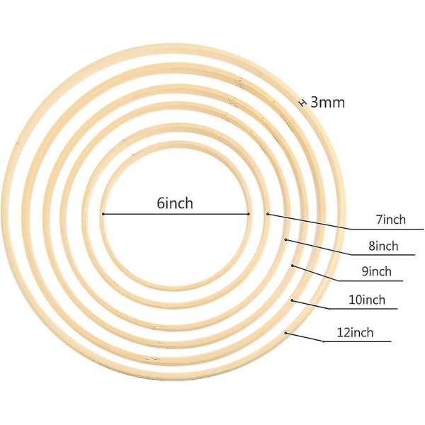 12 stycken 6 storlekar trä bambu blomsterbåge set makramé hantverk båge ringar för DIY bröllop krans dekor, drömfångare (6/7/8/9/10/12 tum)