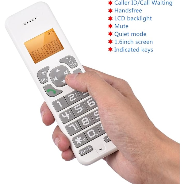 D1102B Trådløs telefon med telefonsvarer, nummerpræsentation/opkald venter, 1,6 tommer baggrundsbelyst LCD, 3 linjers skærm, genopladelige batterier (hvid)