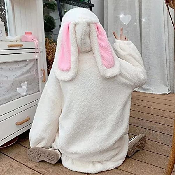 Söt Bunny Ear Hoodie Fuzzy Fluffy Rabbit Sweater Sweatshirt Pullover Toppar Långärmad Kawaii Jacka Coats vit L