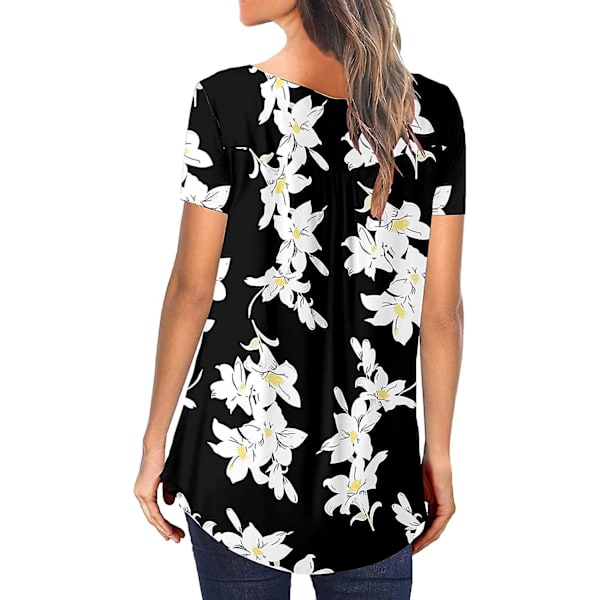 Dame Tunika Topper Ensfarget Plissert V-hals Knapper Bluse Blomstertrykte Damer Dotwhite XL