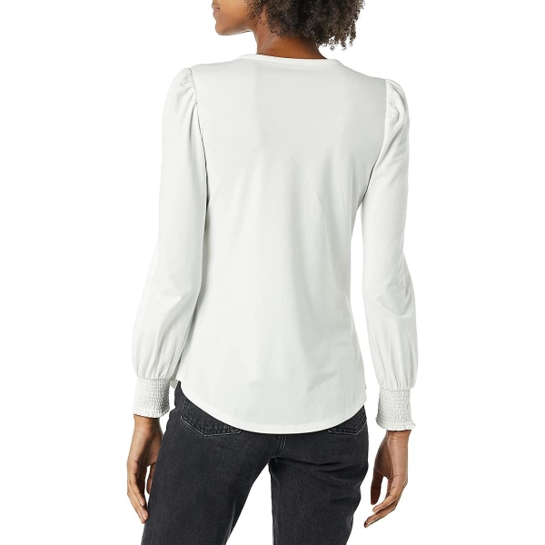 Kvinnors långärmad T-shirt med rund halsringning och smockad manschett White M