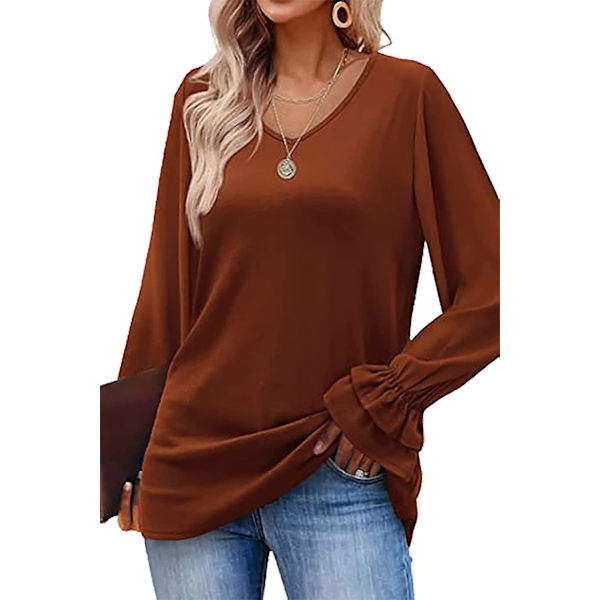 Dame Ensfargede Topper Casual V-hals Ruffle 3/4 Bell Erme Bluse Tunika Løs Skjorte Caramel M