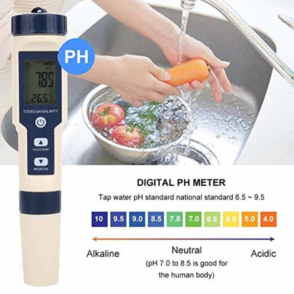 5 i 1 Multifunktionel PH/Salinitet/Temp/TDS/EC Måler Bærbar Digital Vandkvalitetstester Drikkevand Akvarium Hydroponisk Detektor