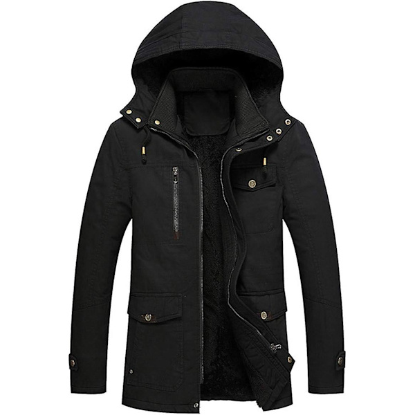 Herrjacka - Casual vinterbomullsjacka Militärjacka Tjock huvtröja Cargojacka Black XXL