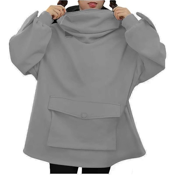 Naisten tyttöjen pusero Söpö sammakko huppari vetoketjullinen suu rento löysä tunika söpö cosplay -asu topit taskuilla Gray M