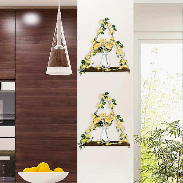 2 kpl LED-nauha seinälle ripustettavat hyllyt Boho-kasvihylly Tekoköynnös LED-nauha seinälle ripustettava hyllykoriste Puinen ripustettava kasvihylly L:lle
