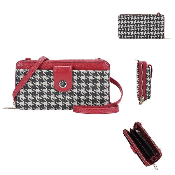 Kvinnor Houndstooth PU Läder Crossbody Väska Telefon Kort Hållare Enstaka Axelväska Red