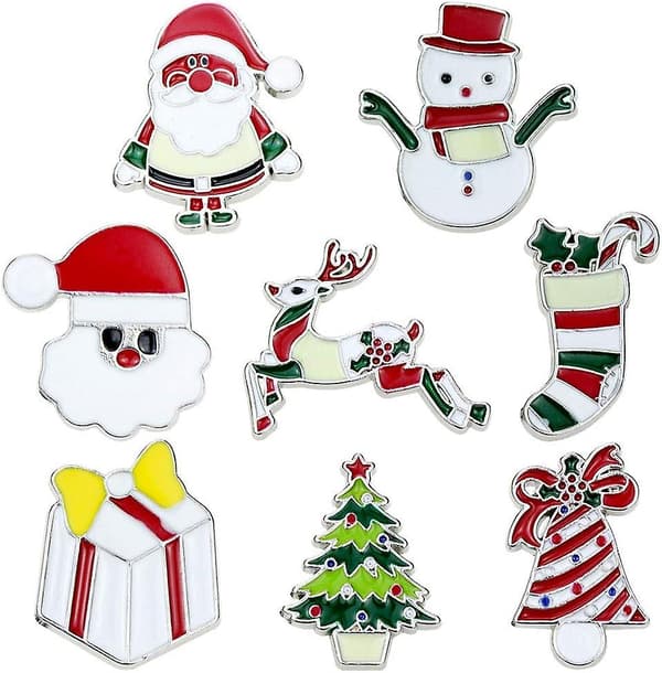 Festlig julbrosch 8-pack - snögubbe, tomte, träd, klocka, ren,