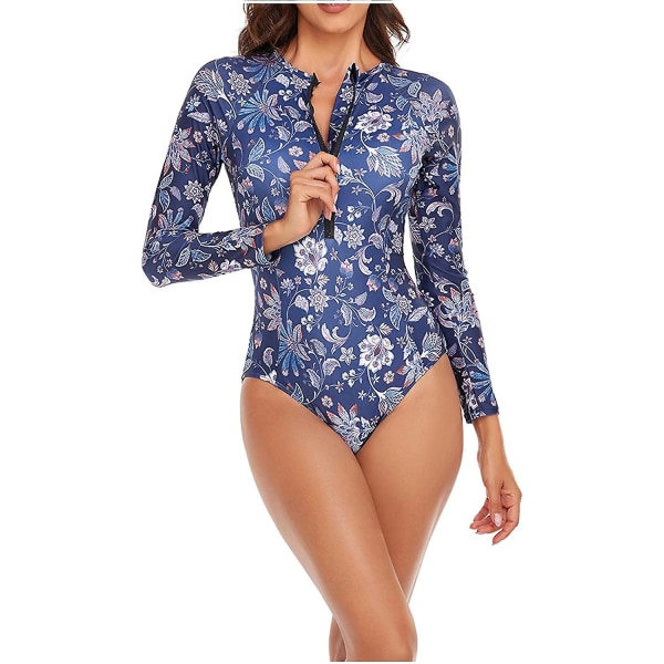 Dame Langærmet Heldragt Badedragt Dame Langærmet Blad Badedragt 02 Navy M