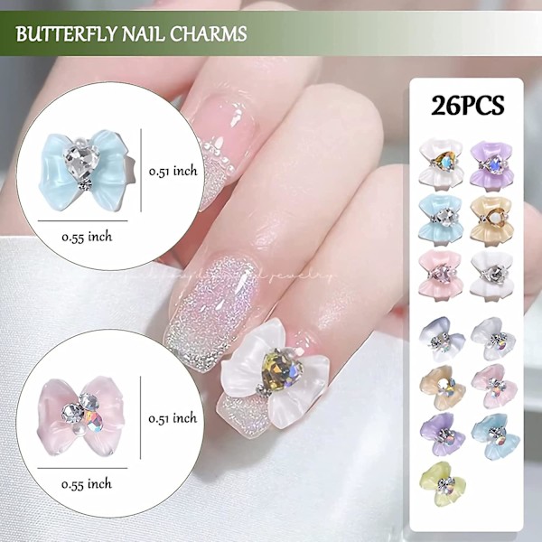 26 stk. Sommerfugl Negle Charms, 3d Sommerfugl Negle Rhinestones Med Hjerte Krystal Design, Negle Kunst Charms Til Negle Ædelstene Negle Kunst Dekorationer Negle Juveler