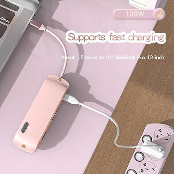 BS8H Type-C Hub -muunnin PD+USB 3.0+2xUSB 2.0+HD-videolähtöporttiin+2 kortinlukijapaikkaa+RJ45 Pink