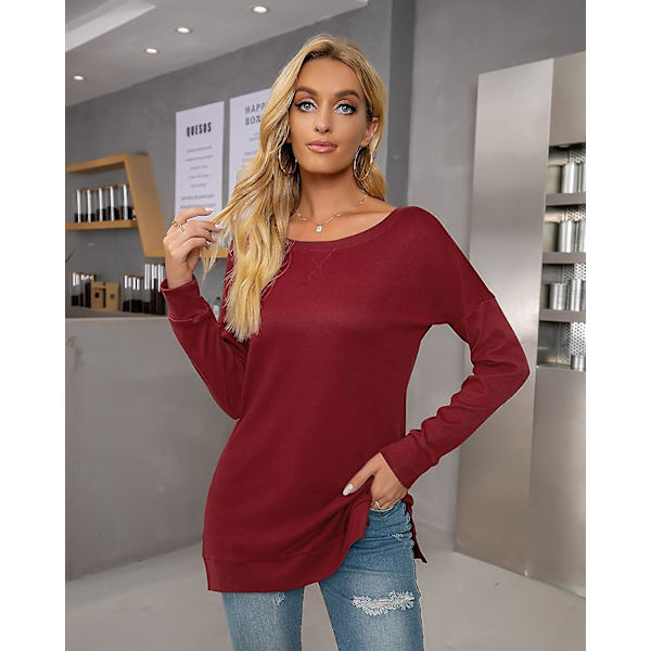 Dam långärmad sweatshirt rund hals sid split casual tunika pullover t-shirt toppar Wine M