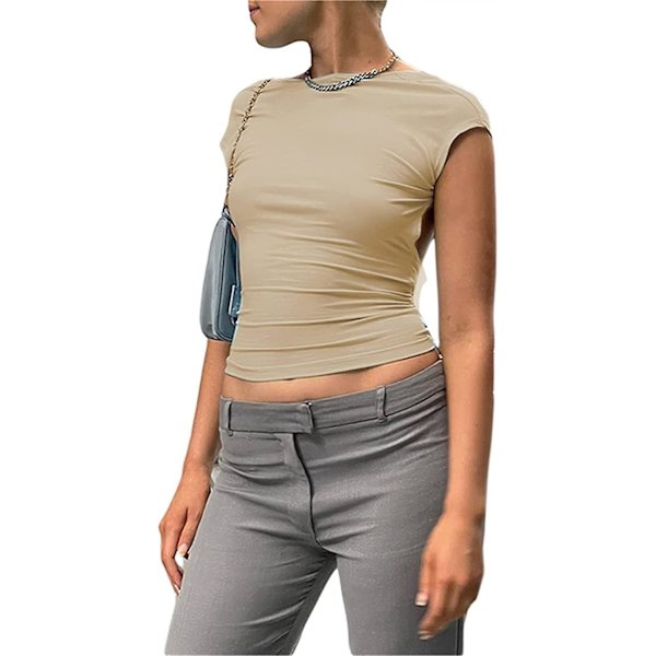 Dame Sexet Top med Udskæring i Ryggen Kortærmet T-shirt Y2k Mode Skjorter Khaki S