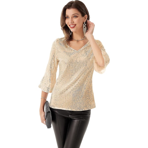 Kvinnor Glitter Sequin Tank T-shirt 3/4 Puffed Sleeve V-ringad blus topp Light Gold XXL