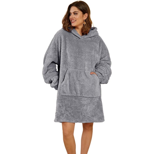 Herre Dame Bærbar Tæppe Sweatshirt Fuzzy Sherpa Oversized Hyggelig Pullover Hættetrøje Kæmpe Stor Lomme Tæppe med Ærmer Grå, Large Grey
