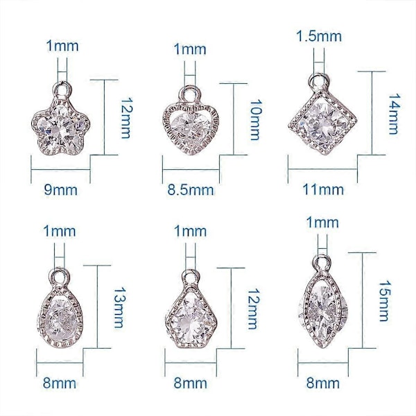 1 Ask 60 st Cubic Zirconia Legering Charm Set i 6 Stilar för Smyckestillverkning Storlek 10-15mm Längd i Platina