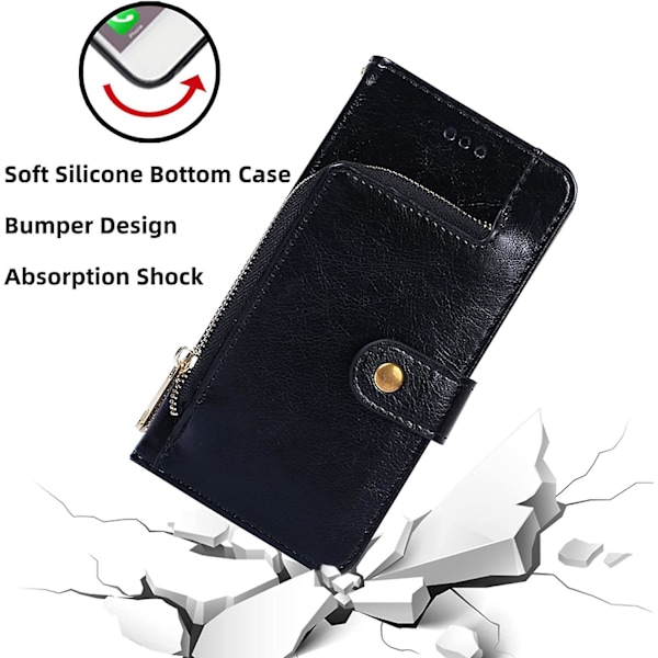 Etui til iPhone 14/14 Plus/14 Pro/14 Pro Max, Premium Læder Flip Lynlås Pung Mobiltelefon Cover med Kortholder Støttefod Magnetisk Lås Stødsikker