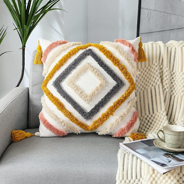 Boho kuddfodral Modern geometrisk diamant Boho kuddar Dekorativa prydnadskuddfodral Gul Blå Rosa Mjuk vävd tuftad kuddkudde