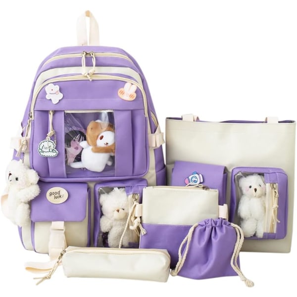 Canvas skolväska combo set, Kawaii tjej student skolväska lila