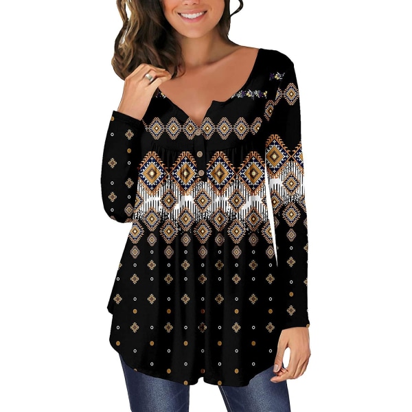 Dame Toppe Casual Kortærmet T-shirt V-hals Knapper Blomsterprintet Bluse Blackorange S