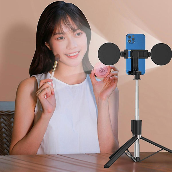 1,3 m Udtrækkelig Selfie Stick Bluetooth Fjernbetjening Bærbart Tripod Stativ + Udfyldningslys og Spejl Black