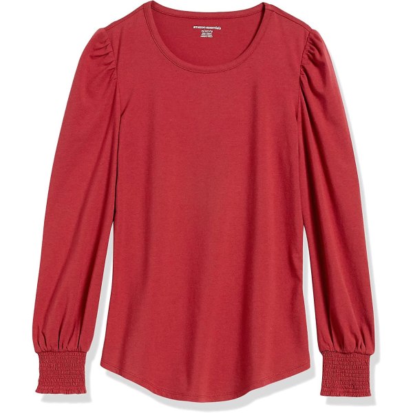 Kvinnors långärmad T-shirt med rund halsringning och smockad manschett Dark Red XL