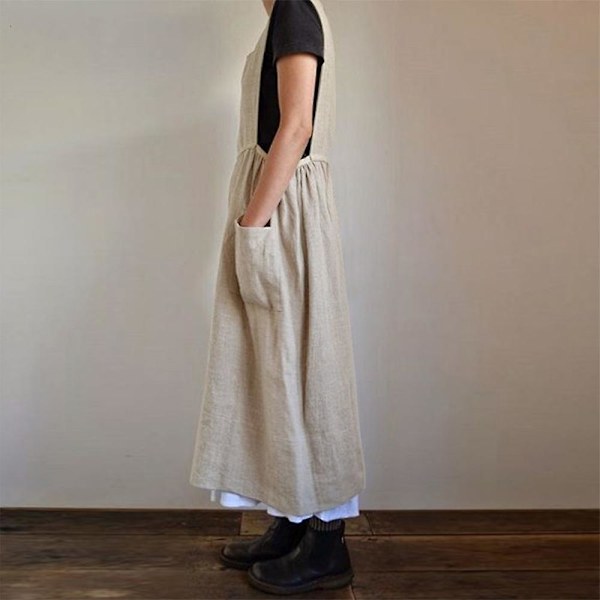 Dame Kjole Afslappet Løs Ensfarvet Forklæde Lange Stropper Bomuld Hør Overalls Kjoler Med Lommer, beige beige L