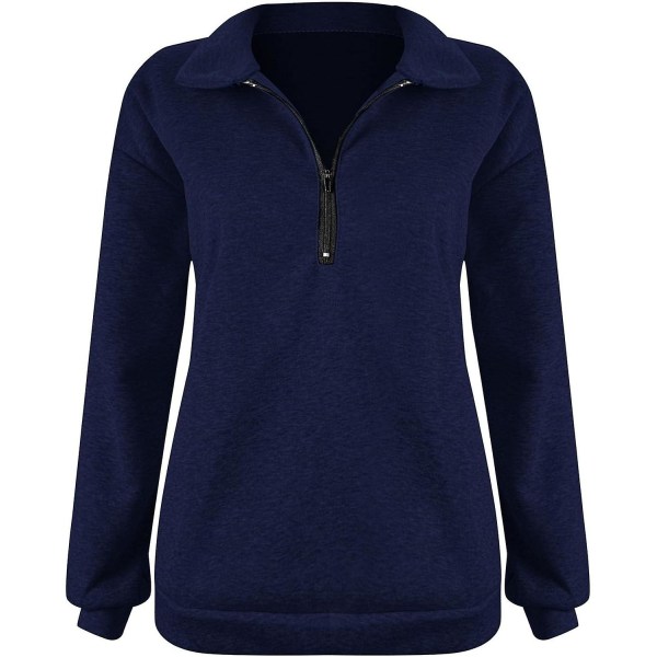 Dame Oversized Halvzip Trøje med Lange Ærmer - Efterårssweatshirt - Kvartzip Trendy Hoodie Outfits til Teenagere m0 dark Blue Large