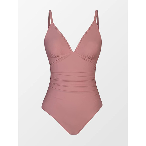 Dame Badedragt Heldragt V-hals Mavekontrol Rynket Front Lav Ryg Bean Pink M