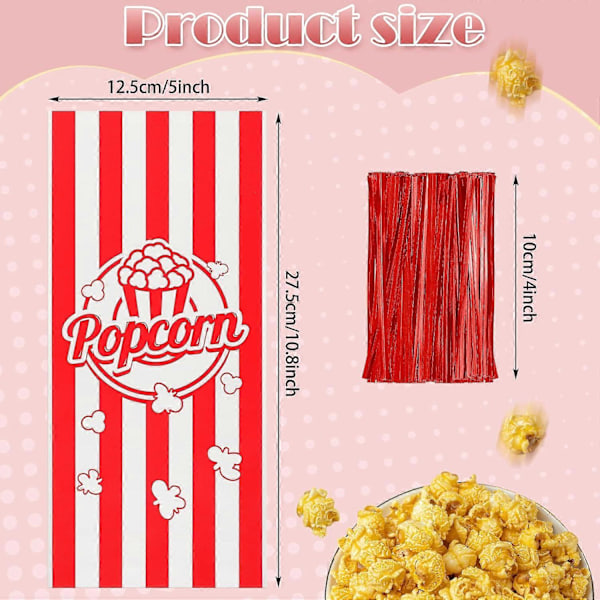 100 kpl Popcorn-pusseja juhliin, Popcorn-herkkupussisetti, 100 kpl punaisia keksi-pusseja