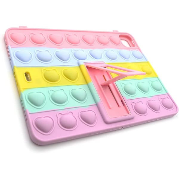 Søtt Silikondeksel, Pop Push Bubble-deksel Kompatibelt med iPad Air 1/iPad5 9,7 tommer, Stressreduserende deksel med Støtte&Snøring&Anheng (Regnbuebjørn H