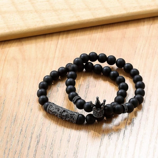 Svart matt pärlarmband 8mm Onyx sten armband set charm kunglig krona Black