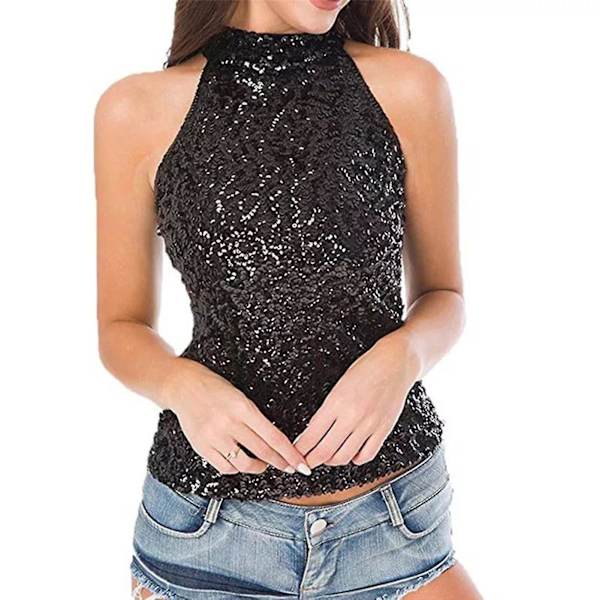 Naisten paljettitoppi, kimalteleva, huomiota herättävä, slim fit, hihaton halterneck-liivi Black