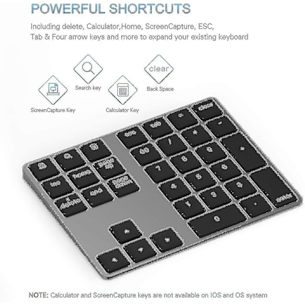 Bluetooth Numeriskt Tangentbord, Laddningsbart Aluminium 34-tangenters Nummerblock Smalt Externt Tangentbord Datainmatning