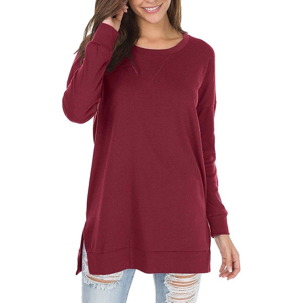 Kvinnors långärmad sweatshirt med rund hals, sidodelad, casual tunika pullover T-shirt toppar Wine M