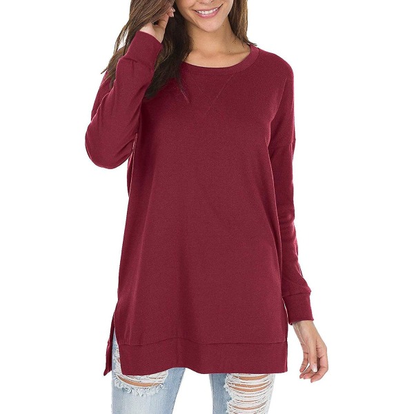 Langærmet sweatshirt til kvinder, rund hals, sideslidser, afslappet tunika pullover T-shirt toppe Wine S