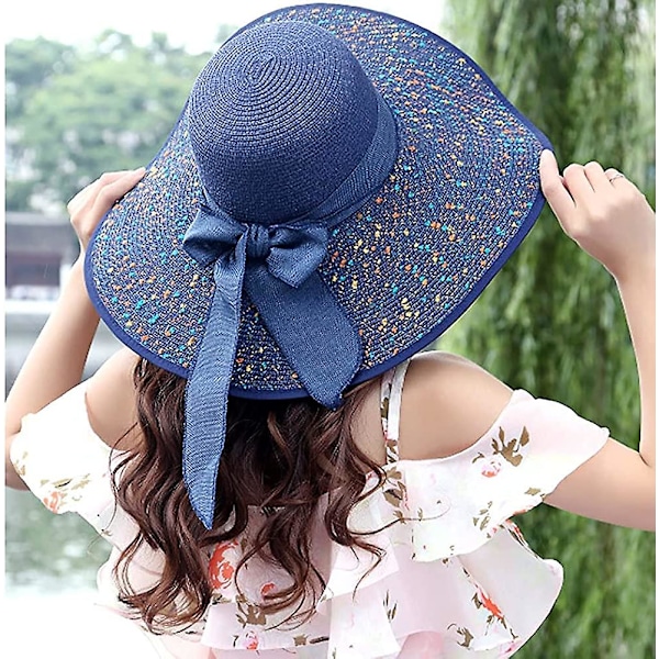 Solhatt for kvinner med bred brem, stor sløyfe, stråhatt, sammenleggbar floppy-hatt, sommer UV-beskyttelse UPF50+, strandlue