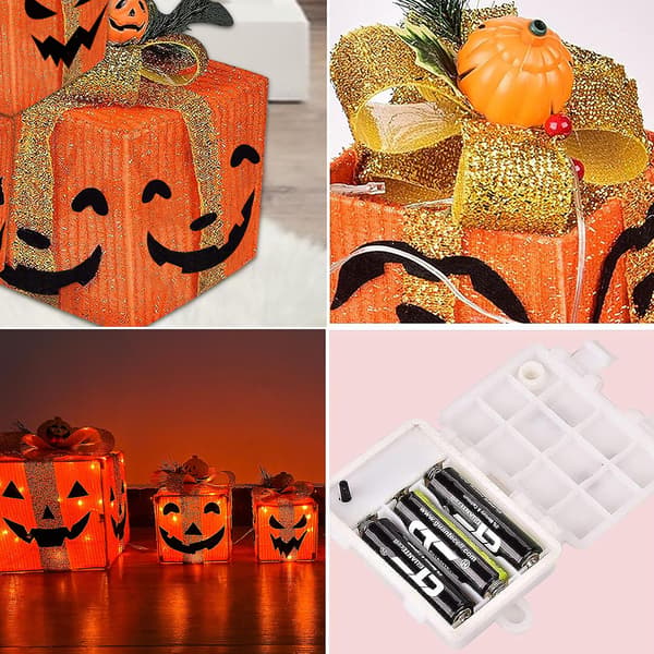 3-pack pumpadekorationer med LED-lampor batteridriven lykta presentförpackning Halloween utomhusgård