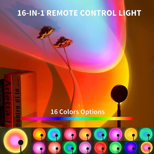 Solnedgångsprojektionslampa, 16 färger Projektorljus Rotation Regnbågsprojektionslampa 180 graders USB laddningsbelysning,