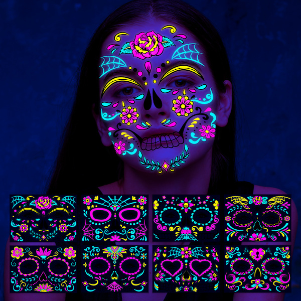 8 st Musikfestival Fluorescerande Fjäril Vattentät Ansiktsdekal Maskeradfest Neon Tatueringsdekal